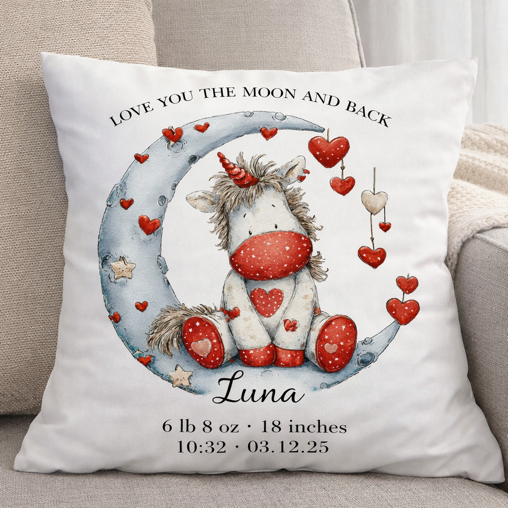 Personalised Unicorn Birth Cushion – “Love You to the Moon and Back”