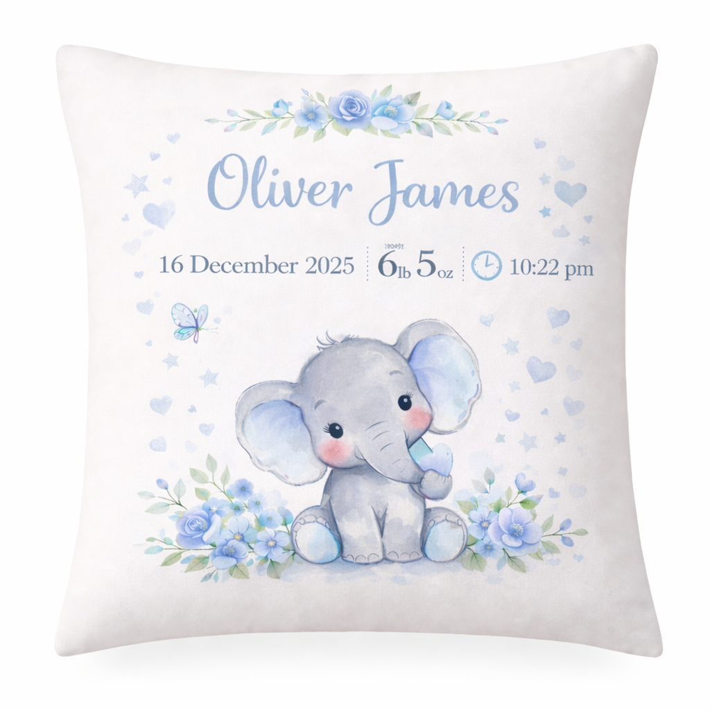 Personalised Newborn Birth Print Cushion cover – Baby Elephant Design
