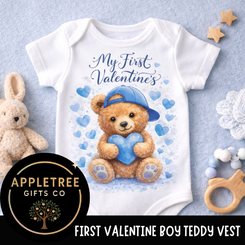 My First Valentine’s – Blue Teddy Bear Baby Vest - Appletree Gifts Co